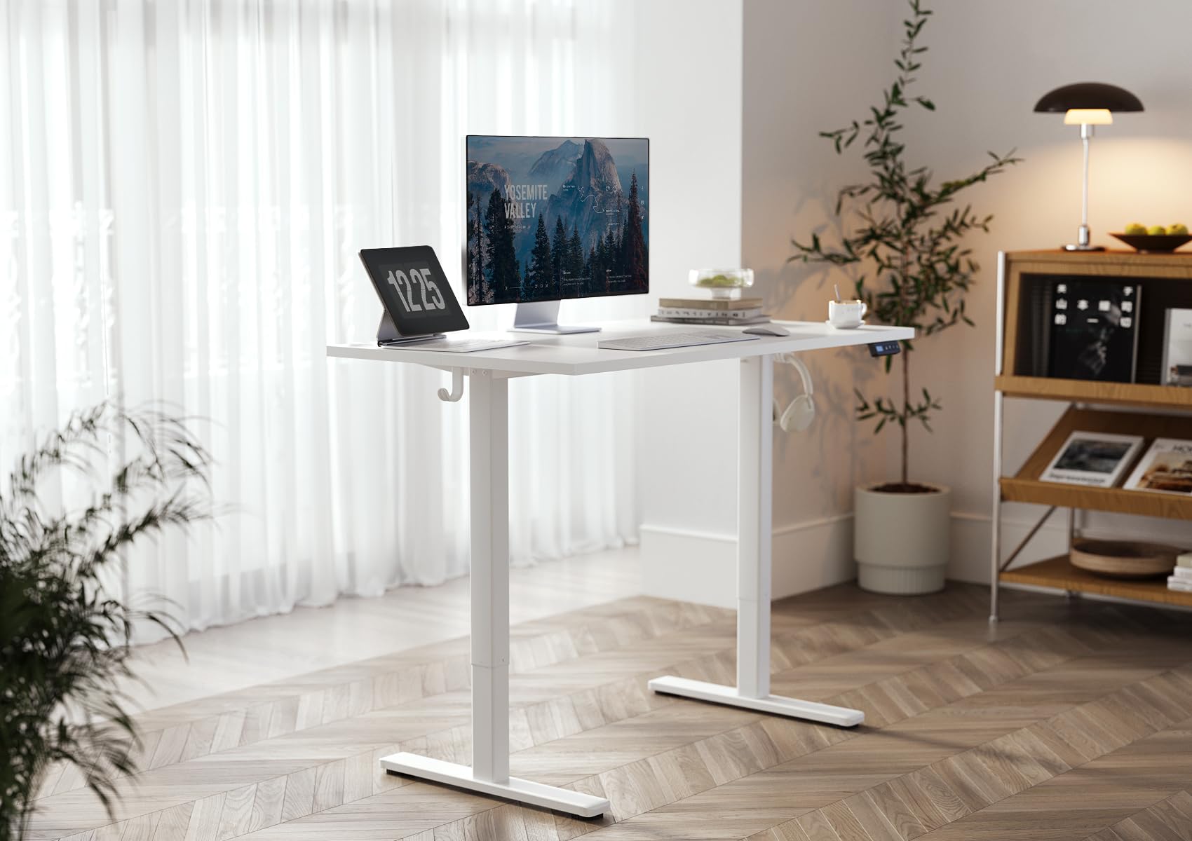 Seang Electric Standing Desk with Adjustable Height, 48x24 Inch Stand Up Desk, Sit Stand Desk with Splice Board for Home Office Computer Workstation, White Frame/White Top