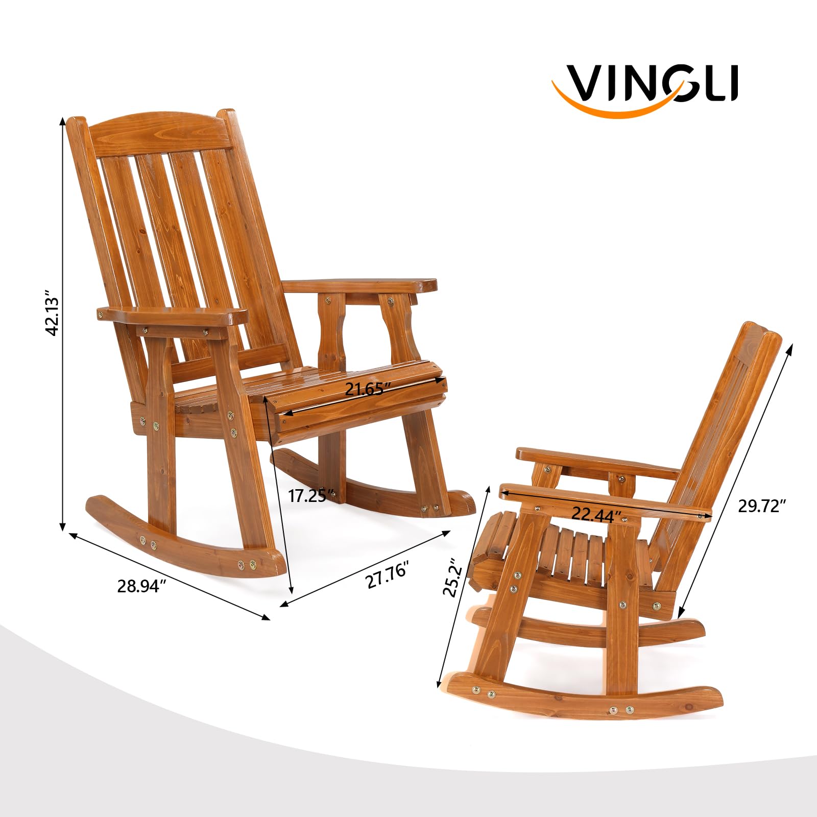 VINGLI Heavy Duty 600 LBS Outdoor Wooden Rocking Chair with Higher Backrest,Patio Rocking Chair with Ergonomic Design, Weatherproof Outdoor Rockers Suit for Patio, Garden, Balcony, Yard