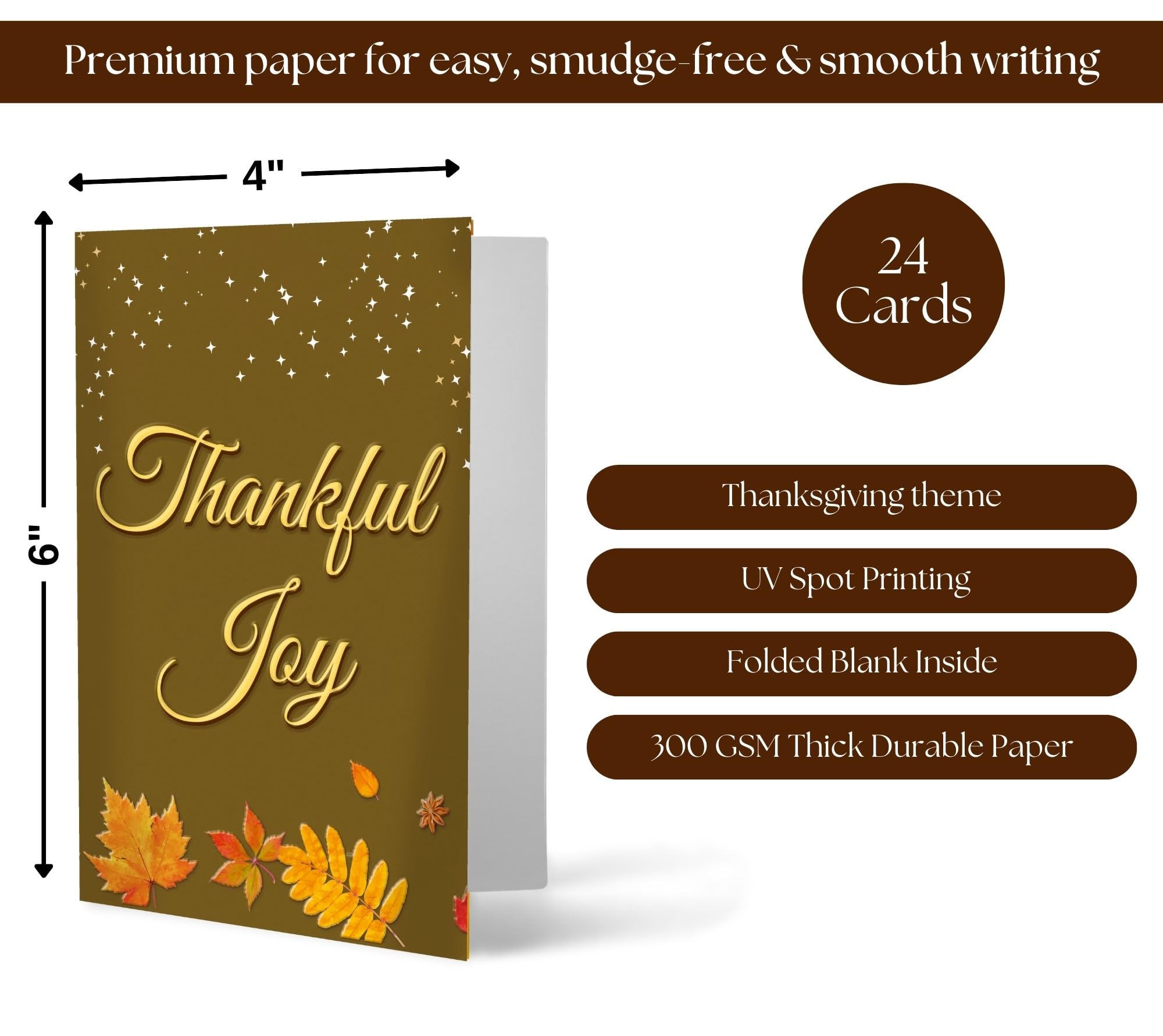 Mie Creations Thanksgiving Cards with Envelopes, 24 Bulk Assorted Fall Harvest Season Greeting Cards UV Spot, 4 Designs, Boxed Set Giving Thanks Gratitude notecards for Family, Friends- 4x6 inches