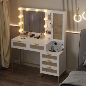 GarveeHome Vanity Mirror with Lights and Table & Power Outlet, Makeup Vanity Table with 12 Bulbs, 5 Drawer & Cabinet, 3 Ligthing Color Vanity Desk with Mirror and Lights, Rattan