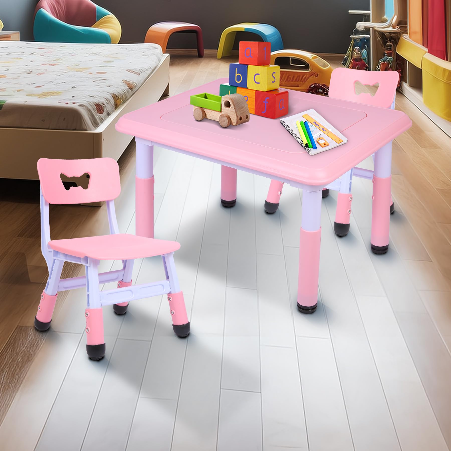 Domaker Table and Chair Set, Multi Activity Height Adjustable Table with 2 Chairs,Pink