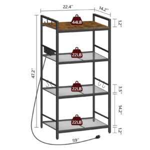 MAHANCRIS Bakers Rack with Power Outlet, Microwave Stand with Hooks, Multifunctional Storage Rack, Coffee Bar with Enclosure, Kitchen Storage Shelf, for Kitchen, Dining Room, Rustic Brown BRHR40E01N1