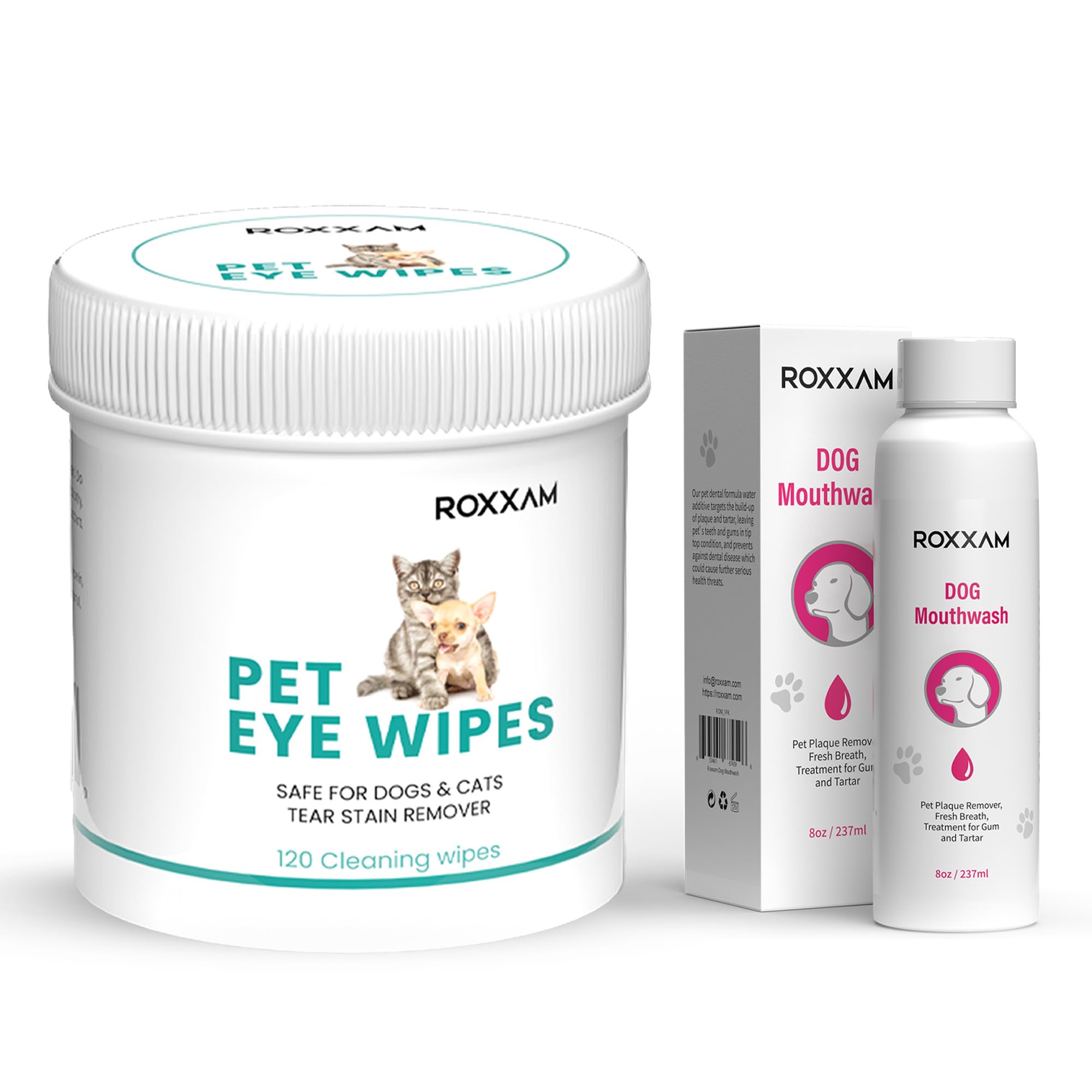 ROXXAM Pet Eye Wipes | Soft & Gentle Tear Stain Remover for Dogs Wipes | Convenient & Easy to Use Dog Mouthwash: Advanced Dental Care Water Additive for Dogs | Keep Dog Breath Fresh and Teet