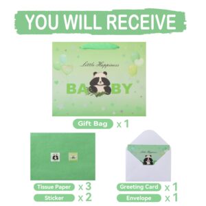 13” Large Baby Boy Girl Gift Bag Set with Handles, Greeting Card, Tissue Papers and Stickers for Baby Shower, Kids’ Birthday Party, Green Balloons Panda Design, 1 Pcs