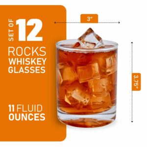 Stock Your Home Set of 12 Rocks Glasses - 11 oz Clear Old Fashioned Lowball Glasses - Perfect for Bourbon - Elegant 11 Ounce Rocks Glass Set with Heavy Base - Clear Whiskey Glasses Bulk Set of 12