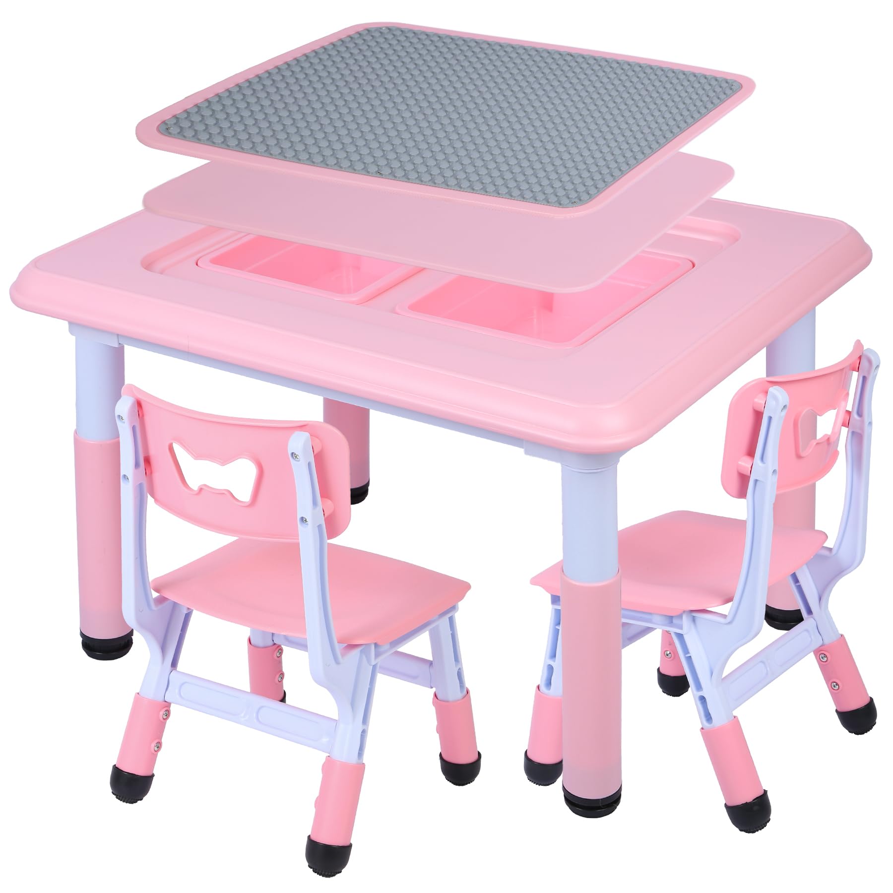 Domaker Table and Chair Set, Multi Activity Height Adjustable Table with 2 Chairs,Pink