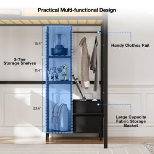 IKIFLY Loft Bed Twin Size with Desk and Storage Shelves, LED Lights & Charging Station, Metal Loft Bed with 13.4” Guardrail and Ladder, Large Fabric Basket, Clothes Rail, No Box Spring Needed, Black