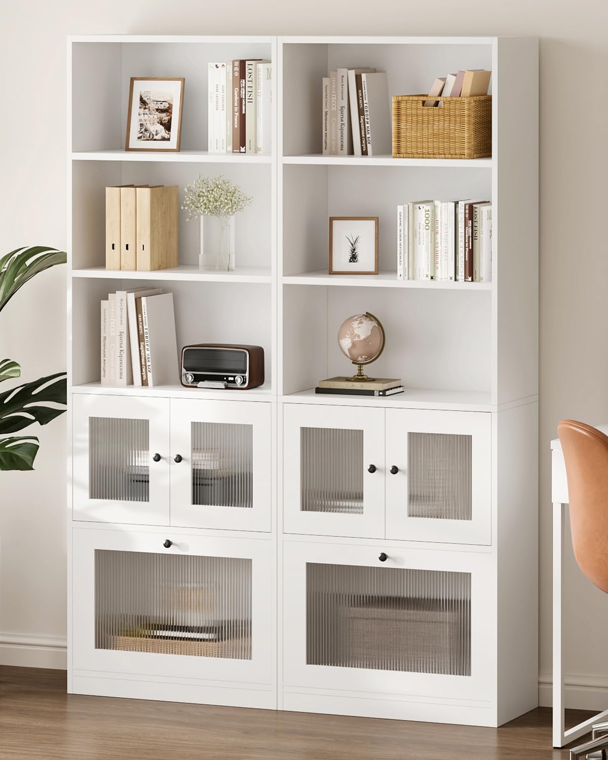 Seeday White Bookcase,5 Shelf Bookshelf and Bookcase with Acrylic Cabinet Doors,Modern Bookcase for Home, Office, and Living Room