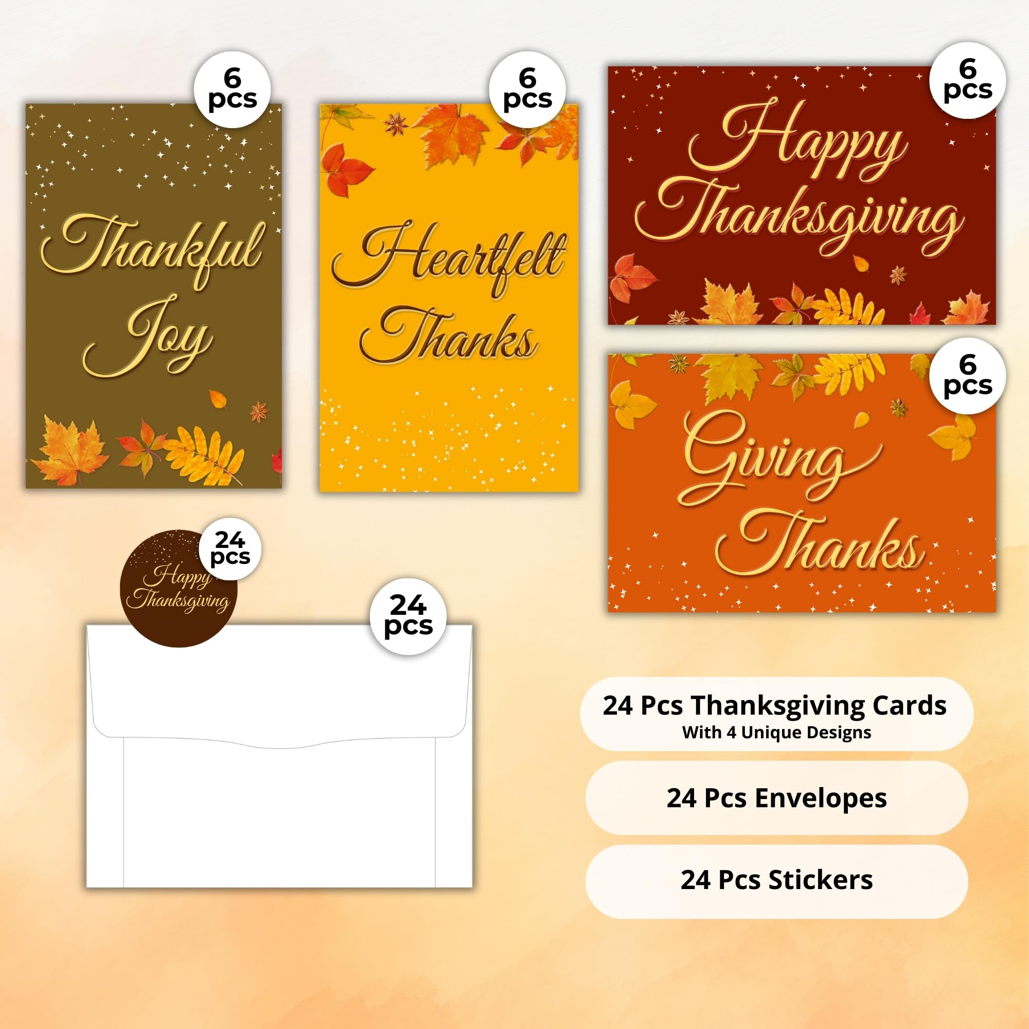 Mie Creations Thanksgiving Cards with Envelopes, 24 Bulk Assorted Fall Harvest Season Greeting Cards UV Spot, 4 Designs, Boxed Set Giving Thanks Gratitude notecards for Family, Friends- 4x6 inches