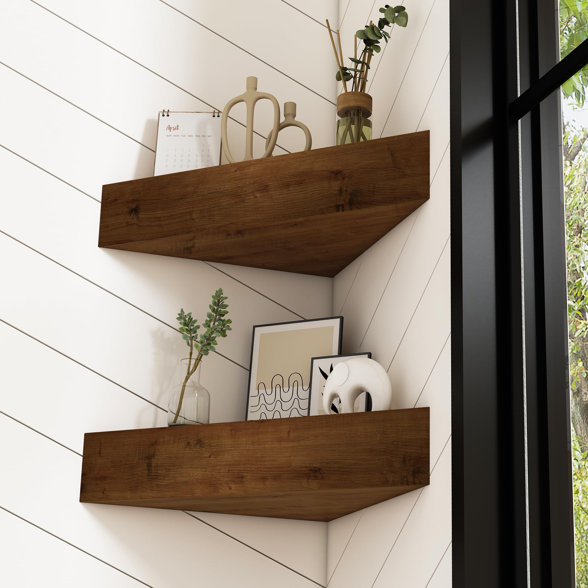 RIKNIO Wall Corner Floating Shelves,Wood Rustic Handmade Shelf - 12" x 12", Pack of 2 - Provincial