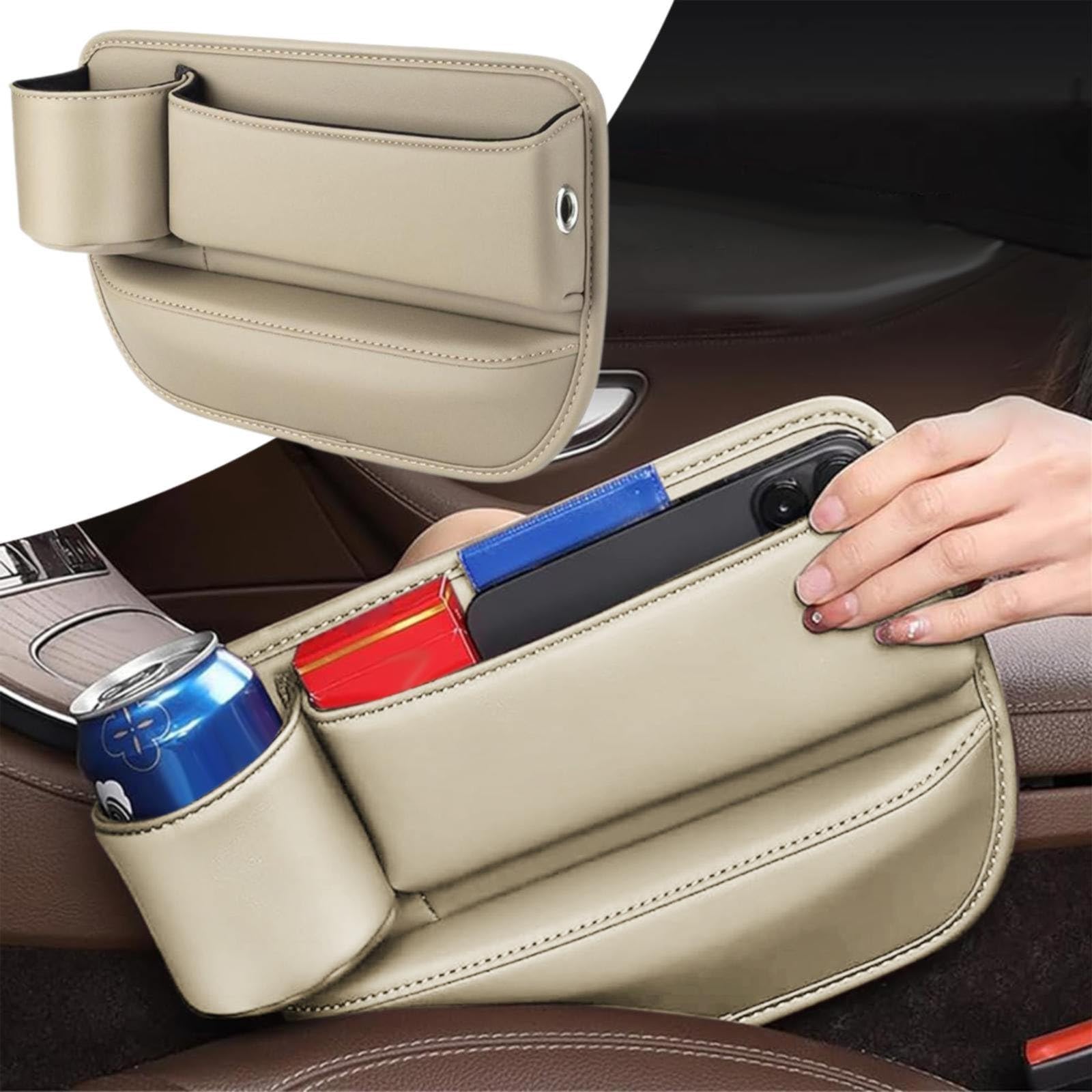 Generic 2 PC Car Seat Gap Seam Car Seam Storage Box with Cup Holder adjustable Storage Box for Front Seats, Suitable for Mobile Phones, Keys, and Cards, Beige