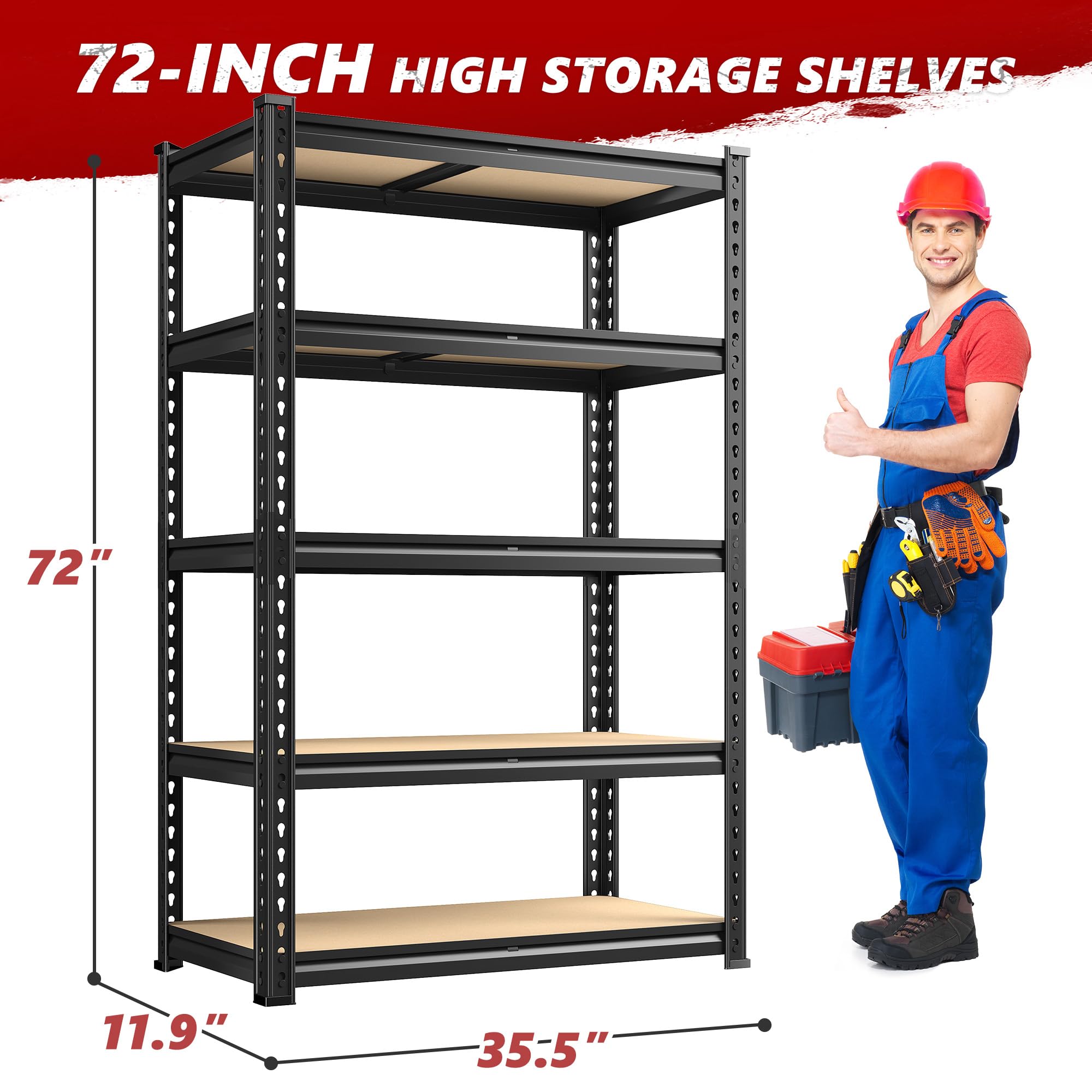 REIBII 2020LBS Storage Shelves 5 Tier Garage Shelving Heavy Duty Adjustable Garage Shelves, Utility Rack Shelf, Shelving Units for Storage Warehouse Pantry Closet, 35.5" W x 11.9" D x 72" H, Black