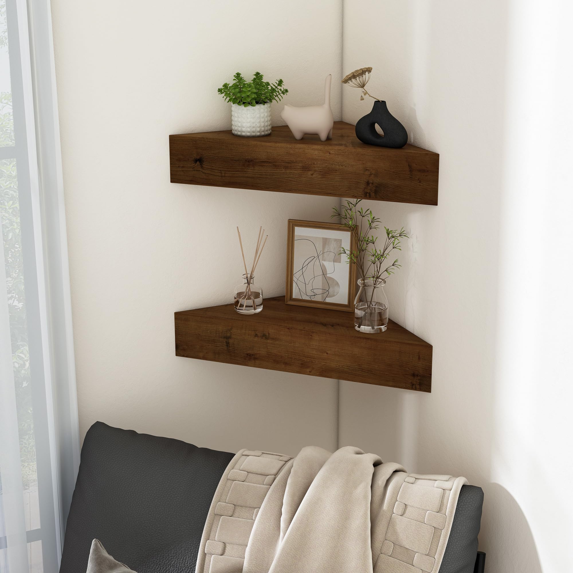 RIKNIO Wall Corner Floating Shelves,Wood Rustic Handmade Shelf - 12" x 12", Pack of 2 - Provincial