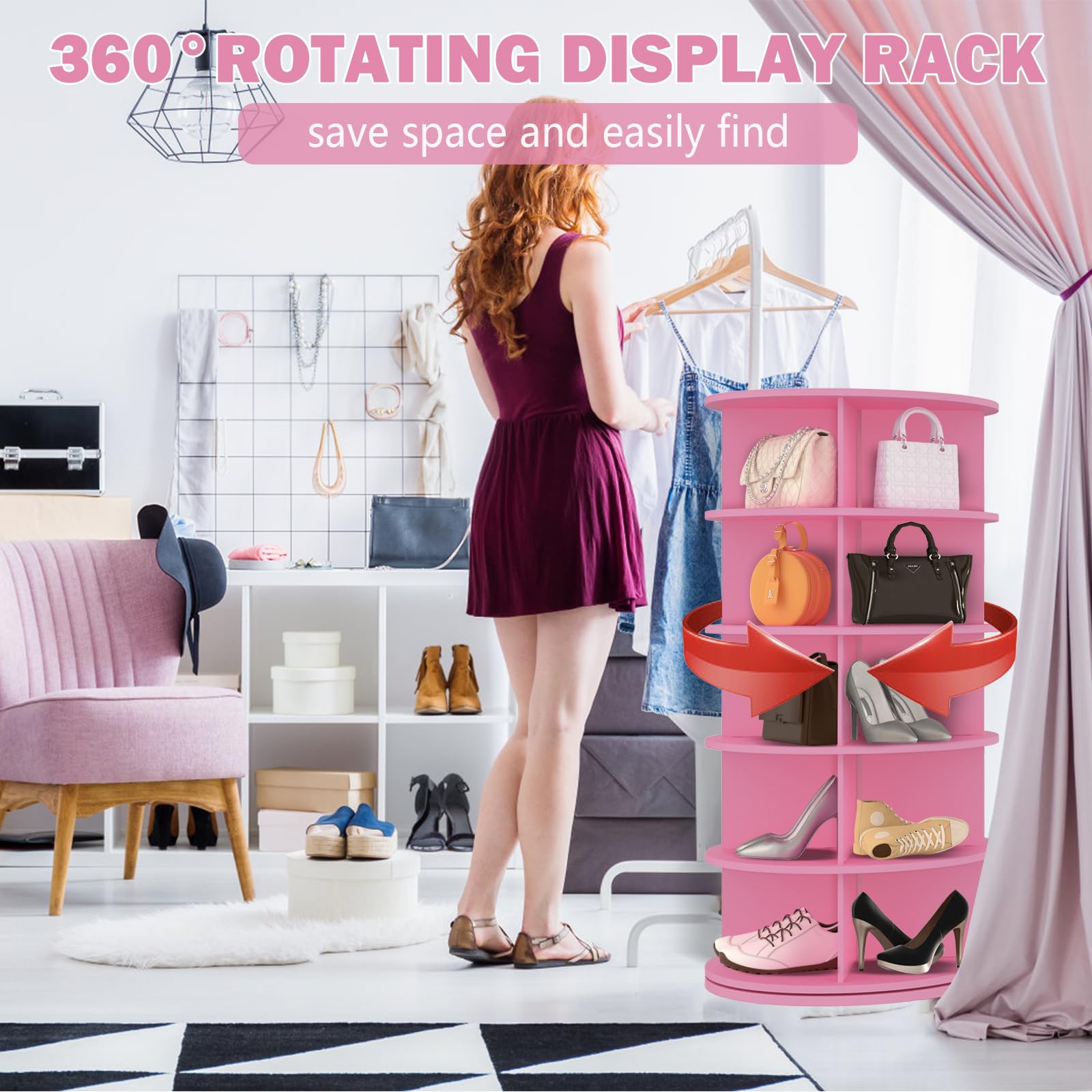 DOLEMODUO 5 Tier Rotating Shoe Rack Storage Tower, 360° Revolving Pink Spinning Shoes Display Rack Round Carousel for Entryway Hallway