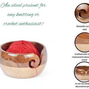 CRAFT INDIA Large Wooden Yarn Bowl | Handmade Knitting Wool Storage Bowl | Yarn Holder Dispenser with Holes to Prevent Slipping and Tangles for Knitting & Crocheting (Brown & Offwhite)