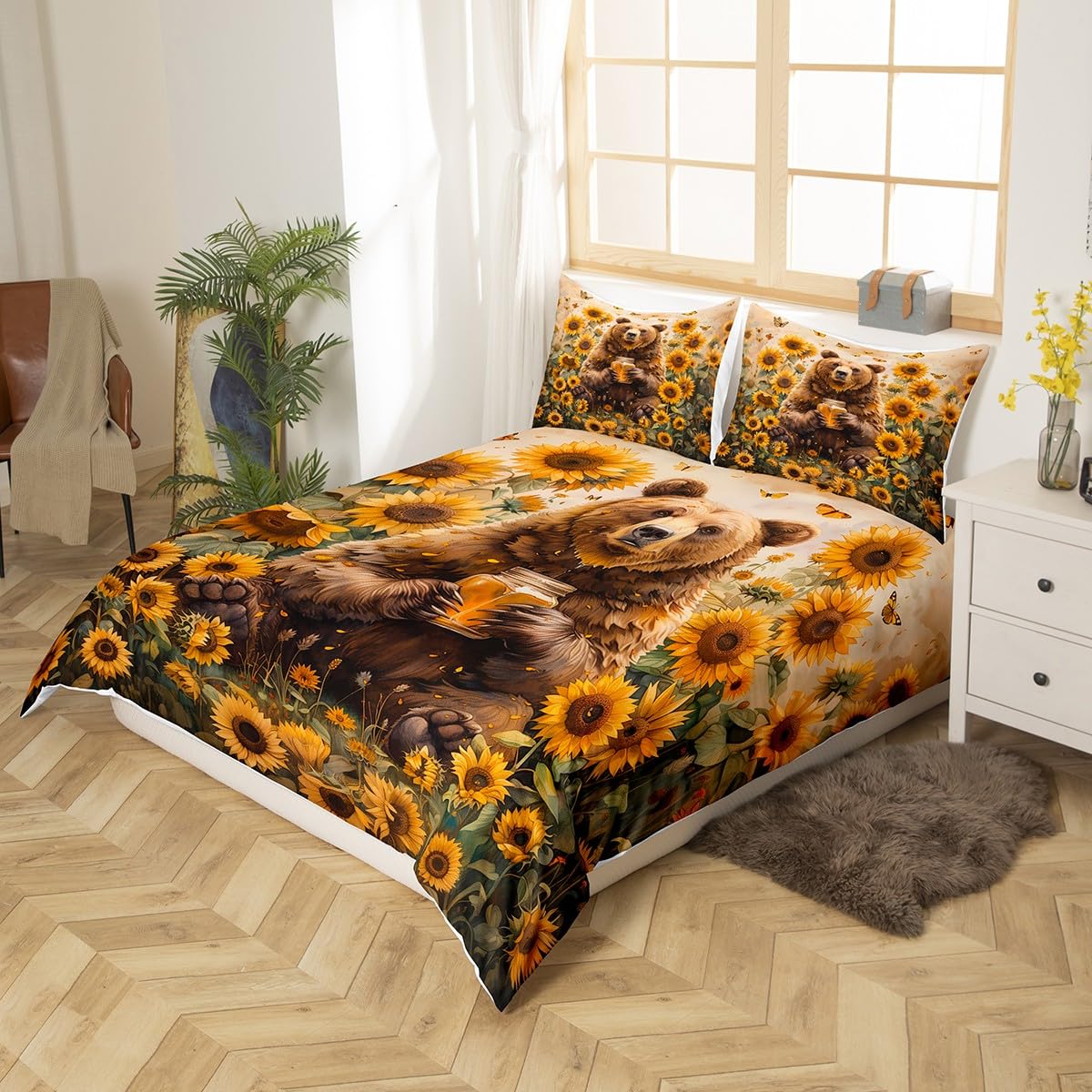 Feelyou Bear Bedding Set for Girls Boys Kids King Size Sunflower Comforter Cover Set Room Decorative Butterfly Duvet Cover Brown Bedspread Cover Bedclothes,No Comforter