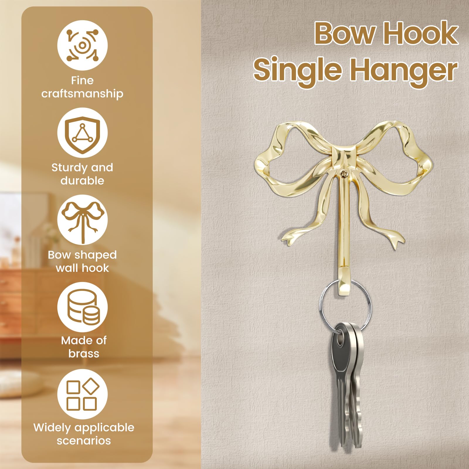 Littlegrass Bow Hook Decorative Bow Hanger Gold Towel Hook Brass Coat Hooks Decorative Hooks Wall Hanging Towel Hook for Bathroom Bedroom Bathrobe (1 Pc)