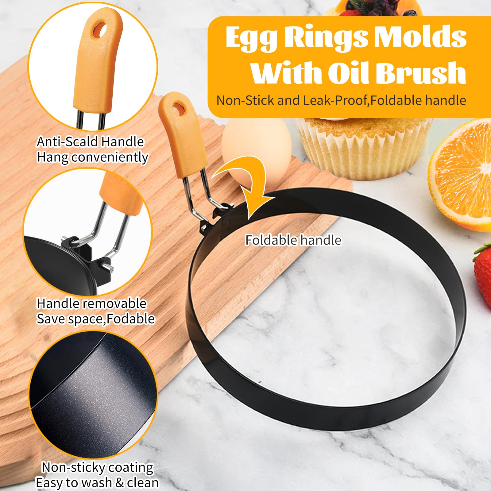 8 Inch Large Omelette Ring for Griddle, 2 Packs 8" Stainless Steel Non-stick Omelet Ring, Round Pancake Rings Griddle Omelette Egg Ring Crumpet Ring Muffin Ring with Silicone Handle