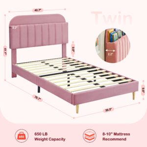 IDEALHOUSE Twin Bed Frames, Upholstered Platform Bed Frame with Bookcase Headboard, Velvet Platform Bed Mattress Foundation, Heavy Duty Steel Support Legs, Easy Assembly, Noise Free, Dark Pink