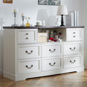 enhomee 8 drawers dresser with power outlets and led lights, 55 inch wide rustic wood dressers & chest of drawers for bedroom, hallway, closet, white, 55" w x 34.5" h x 15.7" d