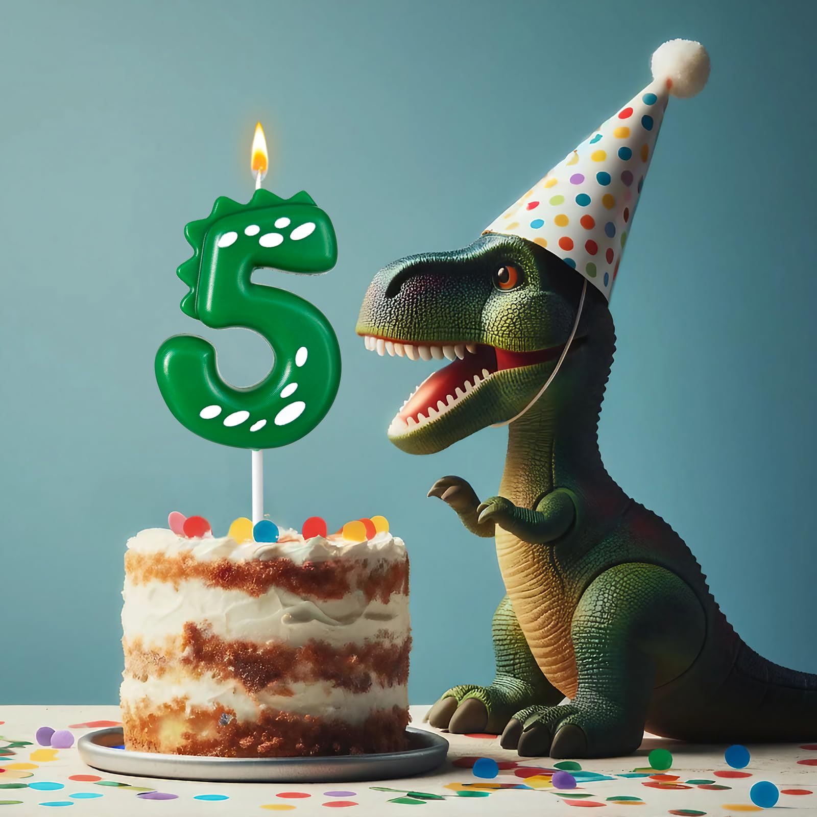 CJPSL 5st Birthday Number Candle Dinosaur Cake Topper Candle Birthday Cake Topper Decoration Candle, 2.75 inches, Suitable for Dinosaur Theme Birthday Party, Green Theme Party, Bakery Decoration