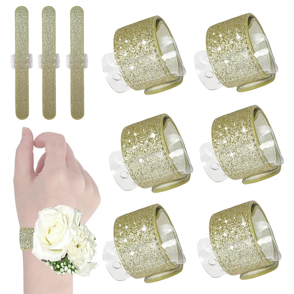 Tutuone 6 Pcs Slaplet Wrist Corsage Bracelets Corsage Wristlet Bands DIY Wrist Corsages Accessories for Wedding,Prom and Bridal Shower Party Wrist Corsages (Golden)