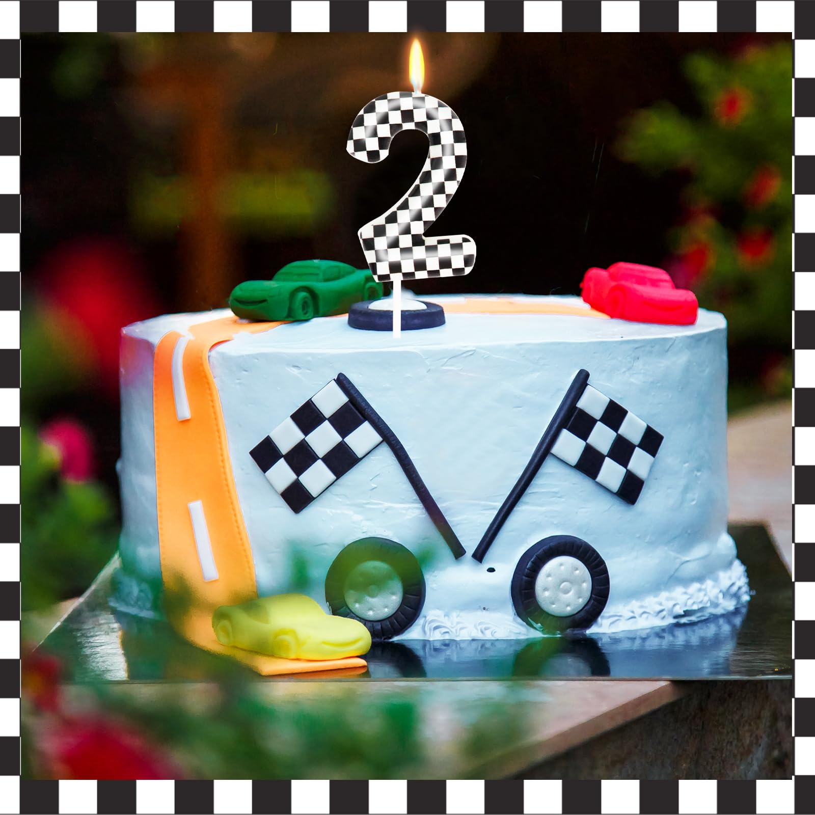 Number 2 Racing Cars Birthday Candle, Race Car Cake Topper, Truck Themed Birthday Party Decorations, Black White Checkered Candles