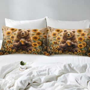 Feelyou Bear Bedding Set for Girls Boys Kids King Size Sunflower Comforter Cover Set Room Decorative Butterfly Duvet Cover Brown Bedspread Cover Bedclothes,No Comforter