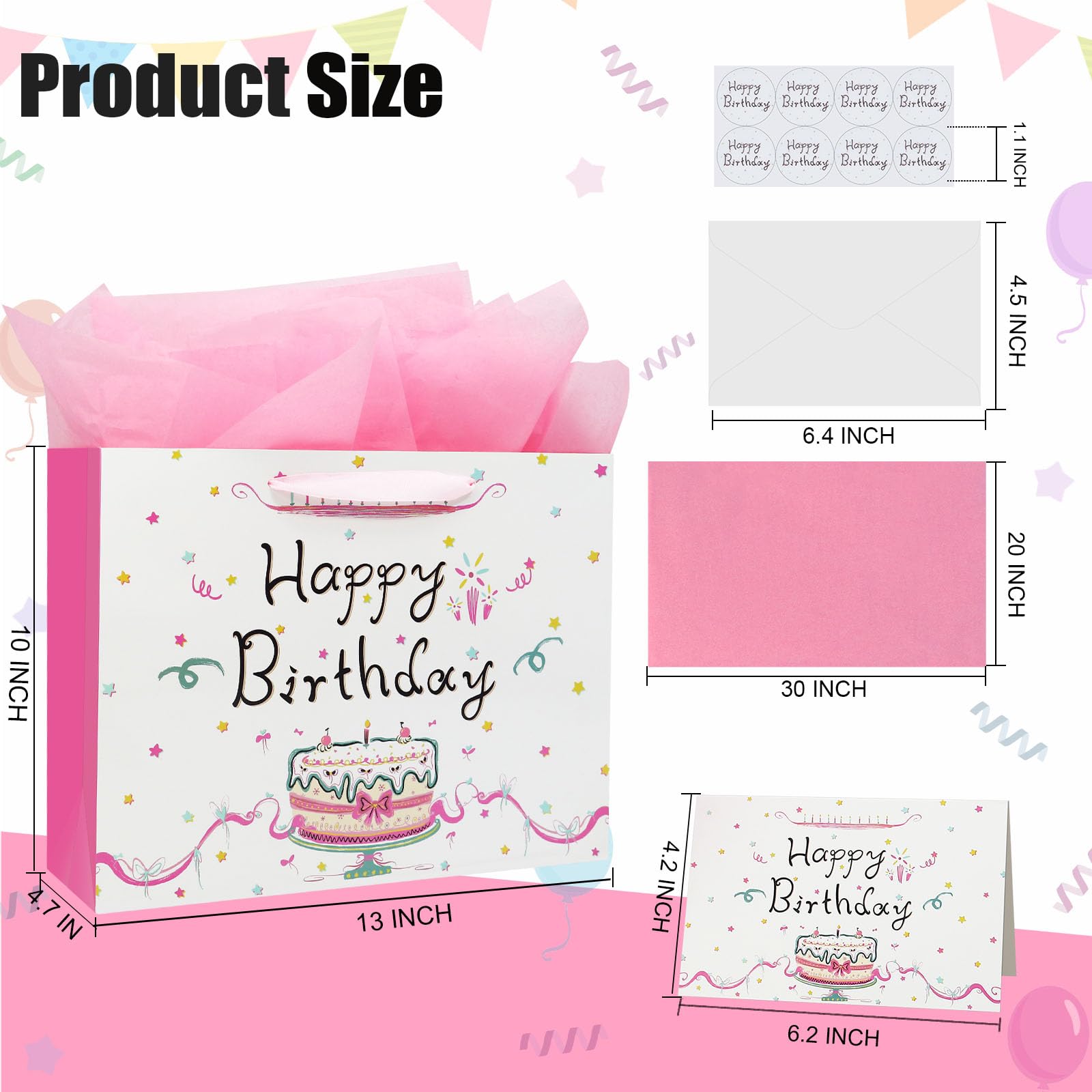 Oletx 13" Large Happy Birthday Pink Paper Bags,Pink Gift Party Favor Bags with Tissue Paper Birthday Card for Girls Women' Party,Baby Shower