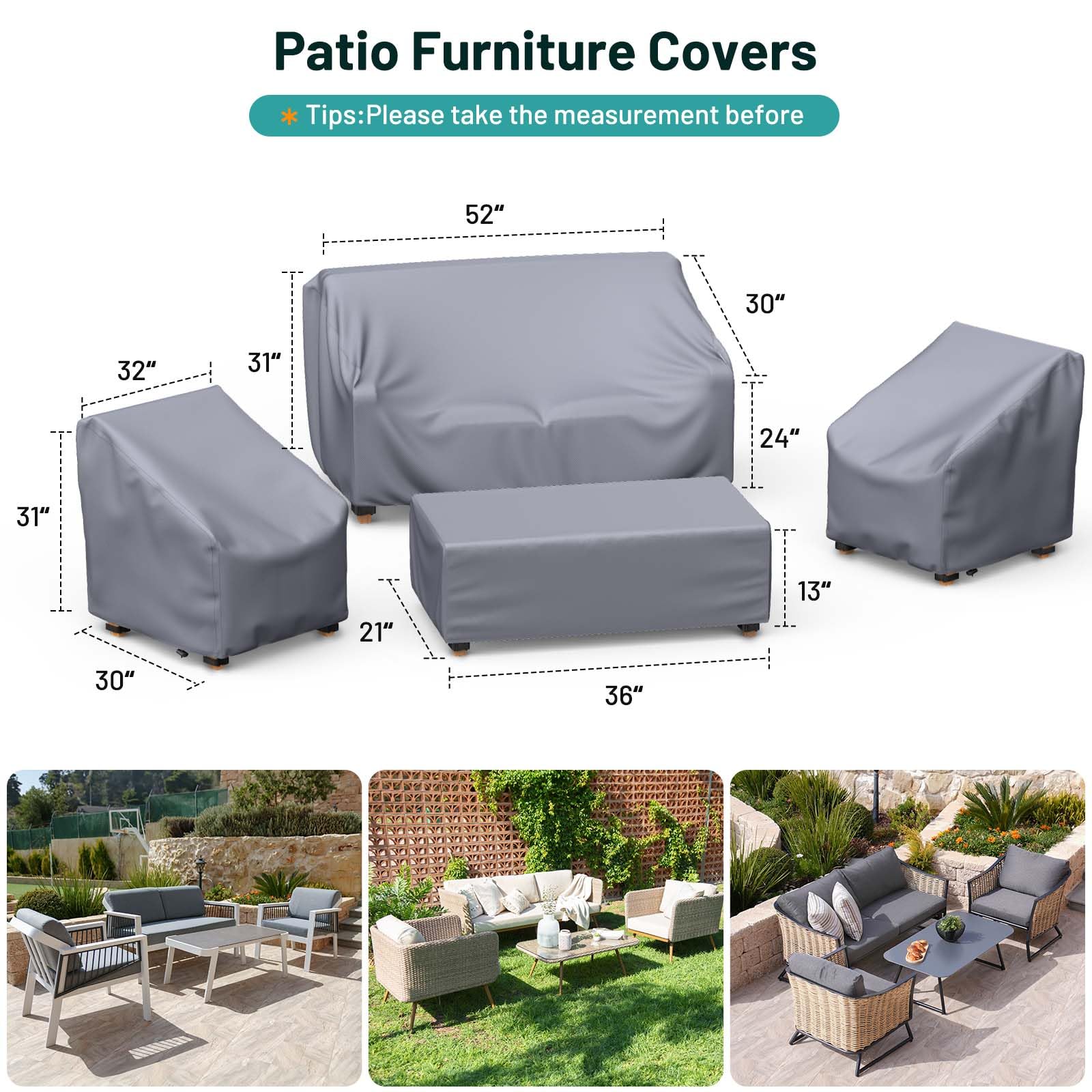 Mrrihand Patio Furniture Covers, 4 Piece Outdoor Furniture Cover Waterproof includ Ourdoor Sofa Cover, 2 Chair Covers, Coffee Table Cover with Windproof Buckle Strap and Adjustable Drawstring