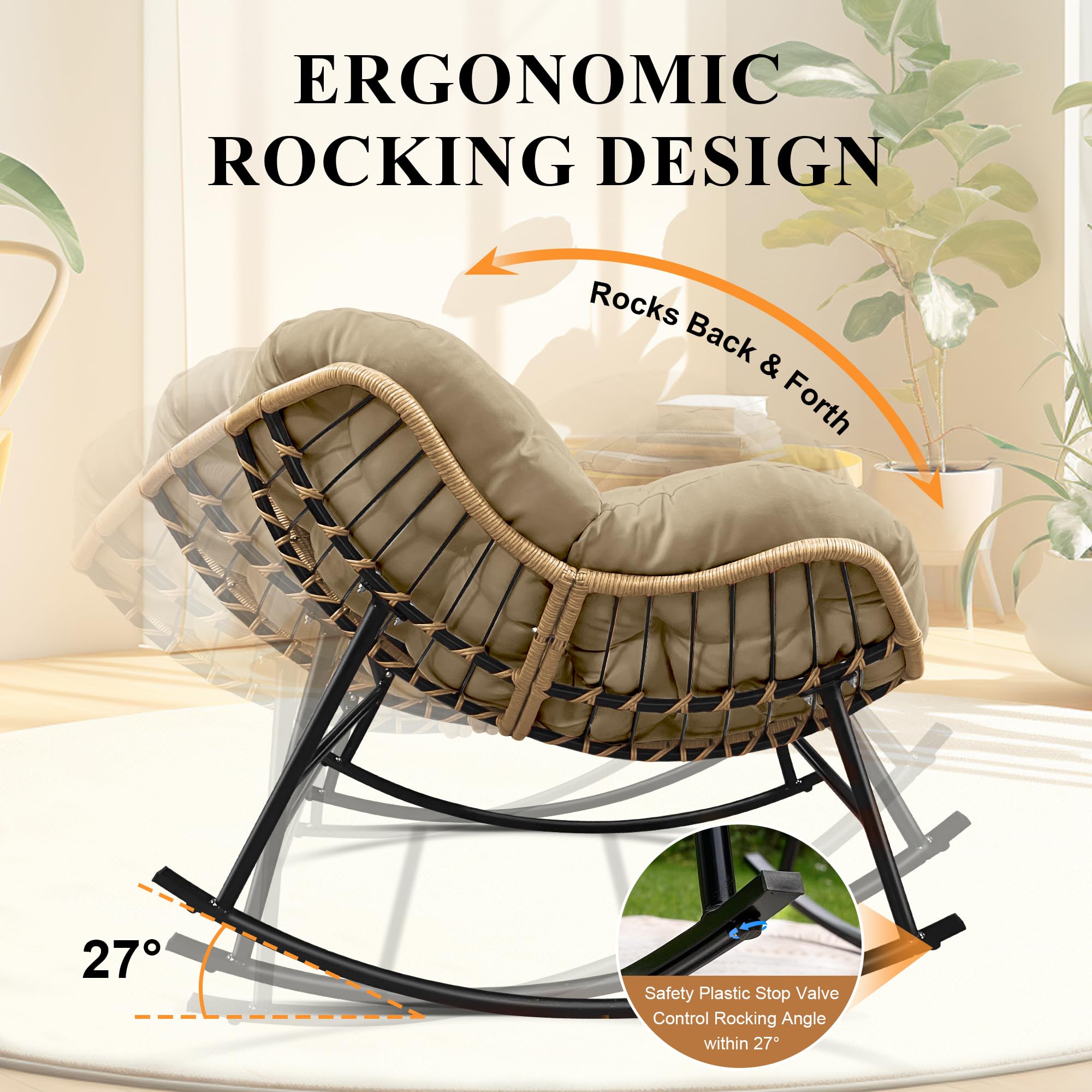 Papasan Rocking Chair Set of 2,Outdoor Indoor 450 lbs large Size Wicker Rattan Papasan Recliner Chair with Padded Cushion,Patio Lounge Rocker Chairs for Balcony Porch Garden Living Room (Brown)