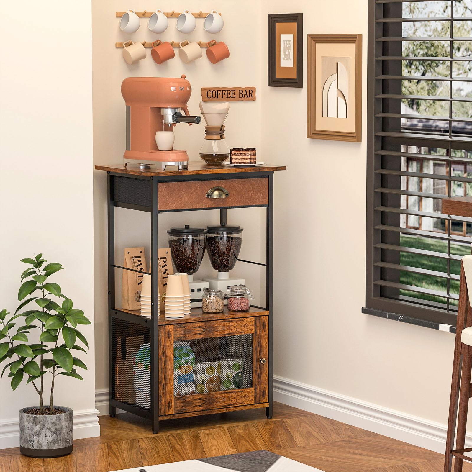 X-cosrack Coffee Bar Station, 3-Tier Small Coffee Stand Station with Storage, Farmhouse-Style Coffee Bar Cabinet Featuring 1-Door Cabinet Ideal for Living Room, Entryway, Kitchen