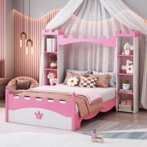 vilrocaz castle-shaped wooden platform bed with storage shelf, dreamy twin size kids platform bed for girls boys bedroom, sturdy slats support (white+pink castle)