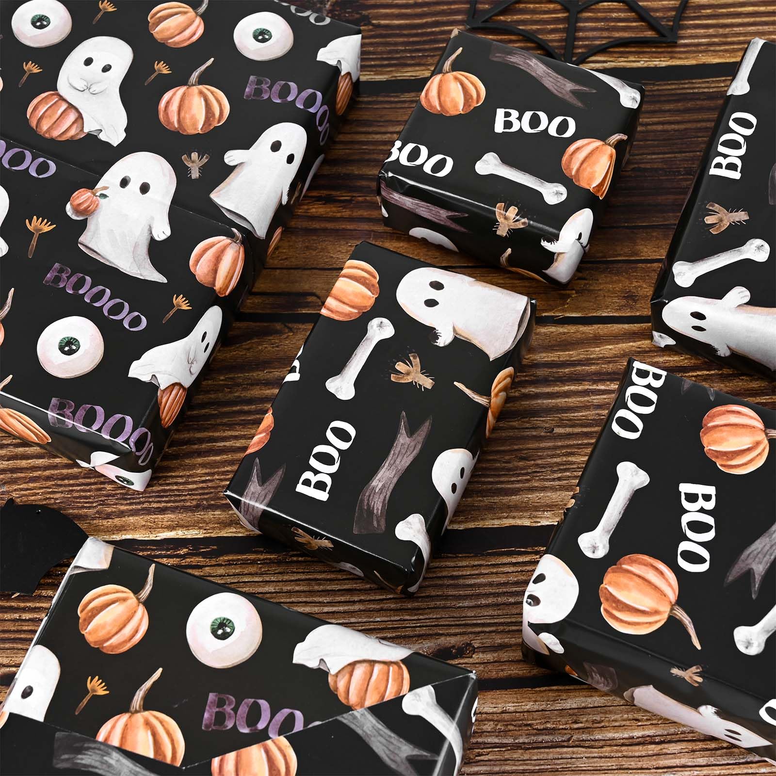 12Sheets Halloween Wrapping Paper Watercolor Ghost Pumpkin Bone Boo Pattern Gift Wrap Paper for Halloween Trick or Treat Party Baby Shower Birthday Party DIY Craft, 19.7 x 27.6 inch