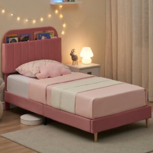 IDEALHOUSE Twin Bed Frames, Upholstered Platform Bed Frame with Bookcase Headboard, Velvet Platform Bed Mattress Foundation, Heavy Duty Steel Support Legs, Easy Assembly, Noise Free, Dark Pink