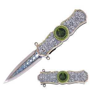 masonic folding knife with fidget spinner, crafted, durable tool with engraved masonic emblems for everyday use, ceremonial purposes, & collectors, craftsmanship practical design (camo)