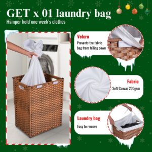 BKSFOAA Laundry Basket with lid, (26.4-Gallon)100L Wicker Laundry Hamper Foldable 2 Removable Liner Bags, Handwoven Rattan Laundry Baskets with Handles, ISO 9001:2015 - Factory Certified, Brown