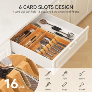 Yofidra Pure Bamboo Silverware Drawer Organizer: 16.5 Inch Large Silverware Utensil Tray Holder, 3-Compartment with 6 Card Slots Kitchen Flatware Organizer for Spoons Forks Knives, 2024 New Upgrade