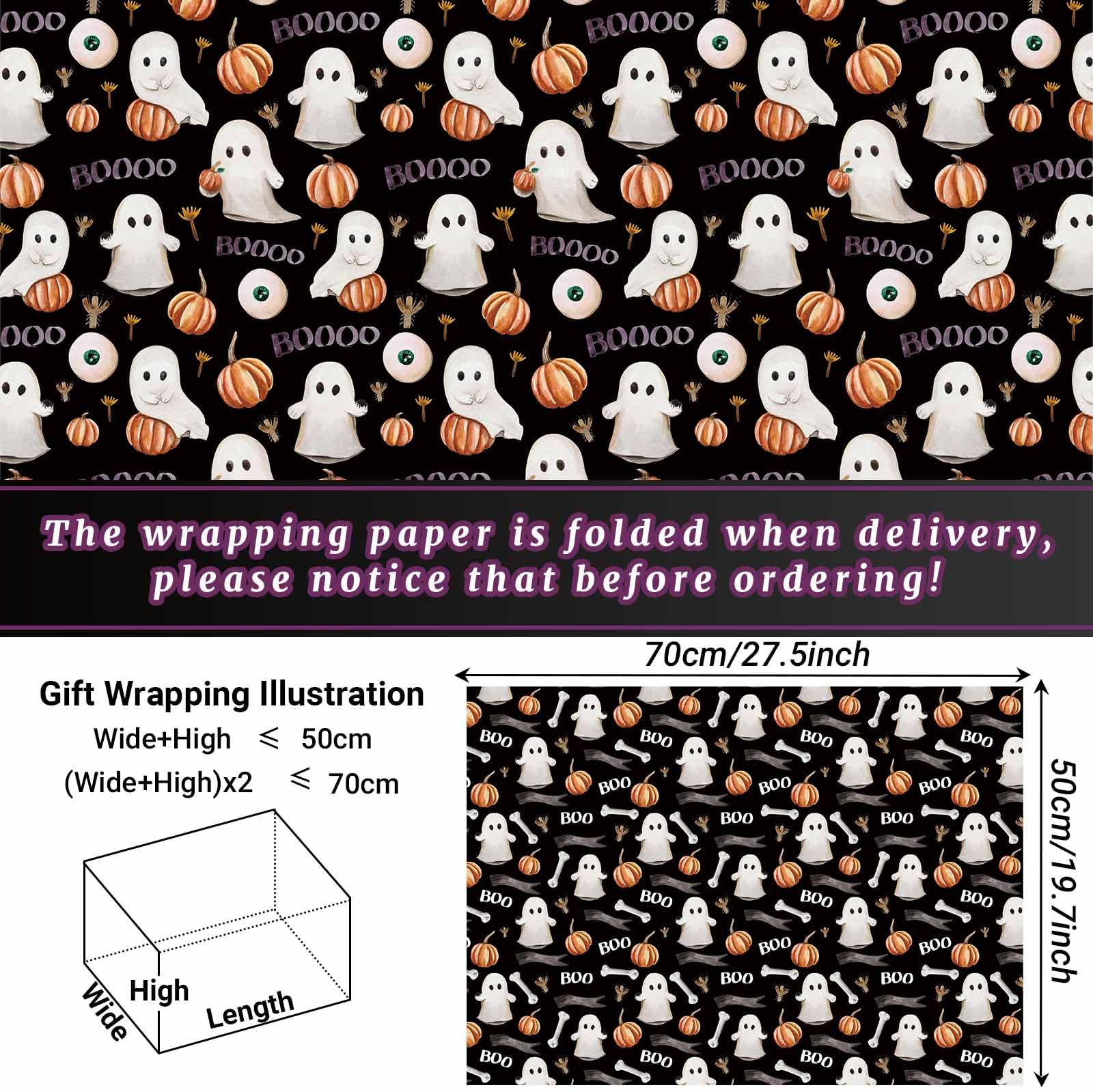 12Sheets Halloween Wrapping Paper Watercolor Ghost Pumpkin Bone Boo Pattern Gift Wrap Paper for Halloween Trick or Treat Party Baby Shower Birthday Party DIY Craft, 19.7 x 27.6 inch