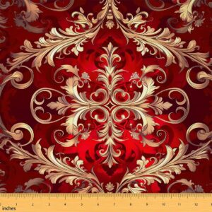 erosebridal red damask fabric by the yard, bohemian vintage florals upholstery fabric, exotic aztec waterproof indoor outdoor fabric, elegant luxury decorative fabric, golden red, 1 yard