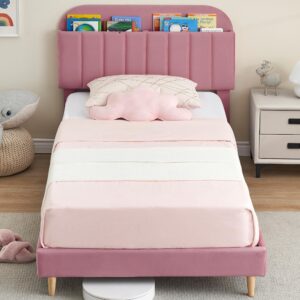 IDEALHOUSE Twin Bed Frames, Upholstered Platform Bed Frame with Bookcase Headboard, Velvet Platform Bed Mattress Foundation, Heavy Duty Steel Support Legs, Easy Assembly, Noise Free, Dark Pink