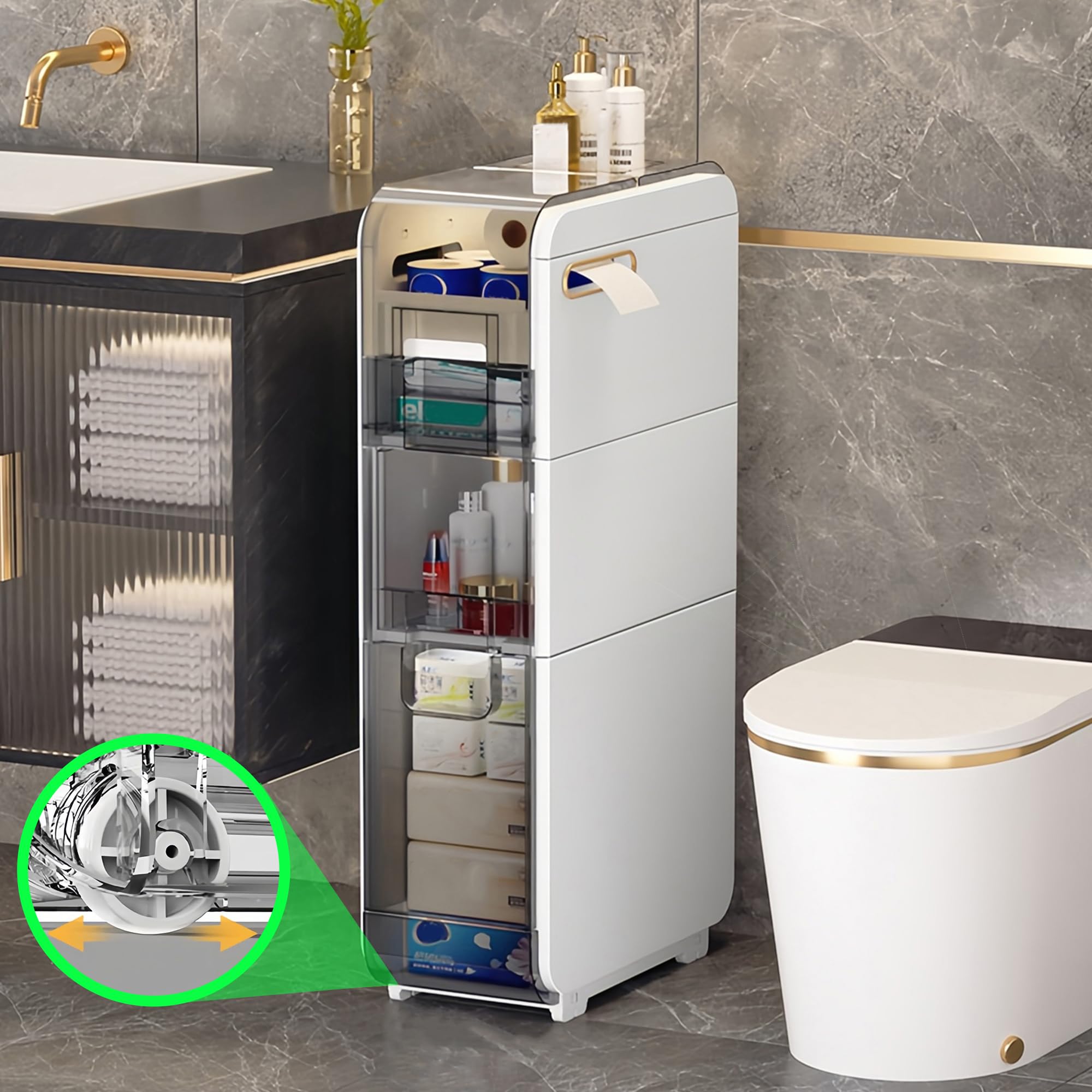 MOSAMNI 3-Tiers Slim Bathroom Storage Cabinet, Narrow Bathroom Storage Cabinet with Drawers & Wheels, Plastic Waterproof Bathroom Storage Organizer for Small Spaces, Kitchen, Laundry Room, Out-of-Box