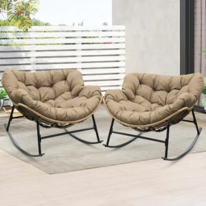 Papasan Rocking Chair Set of 2,Outdoor Indoor 450 lbs large Size Wicker Rattan Papasan Recliner Chair with Padded Cushion,Patio Lounge Rocker Chairs for Balcony Porch Garden Living Room (Brown)