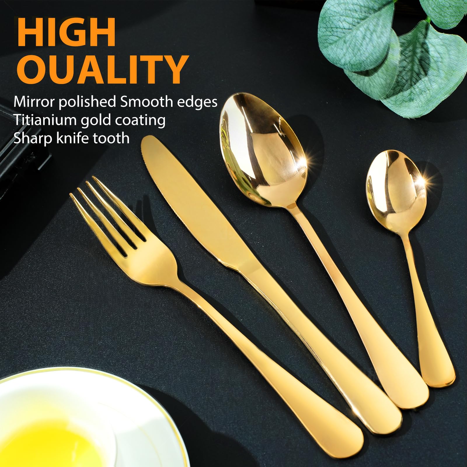 Gold ware Set, Stainless Steel 16 Piece Flatware Set for 4, Cutlery Utensils Set Include Knife/Fork/Spoon Service for 4, Mirror Polished and Dishwasher Safe (Gold)