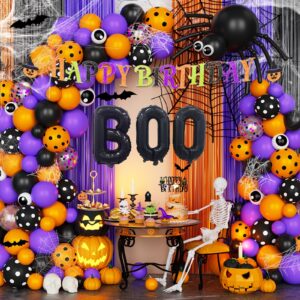 fiesec halloween birthday party decorations, halloween themed happy birthday decorations for outdoor indoor, black orange purple balloon garland arch fringe curtain banner cake topper spider web bat