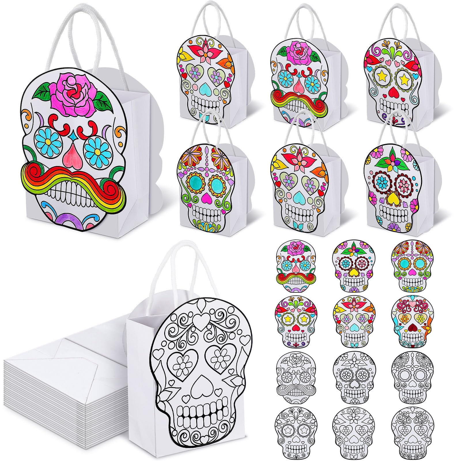 Humyoun 24 Sets Color Your Own Sugar Skull Treat Bags DIY Dia De Muertos Paper Bags Make Your Own Day of the Dead Gift Bags Sugar Skull Treat Bag for Day of the Dead Crafts Dia De Muertos Party Favors