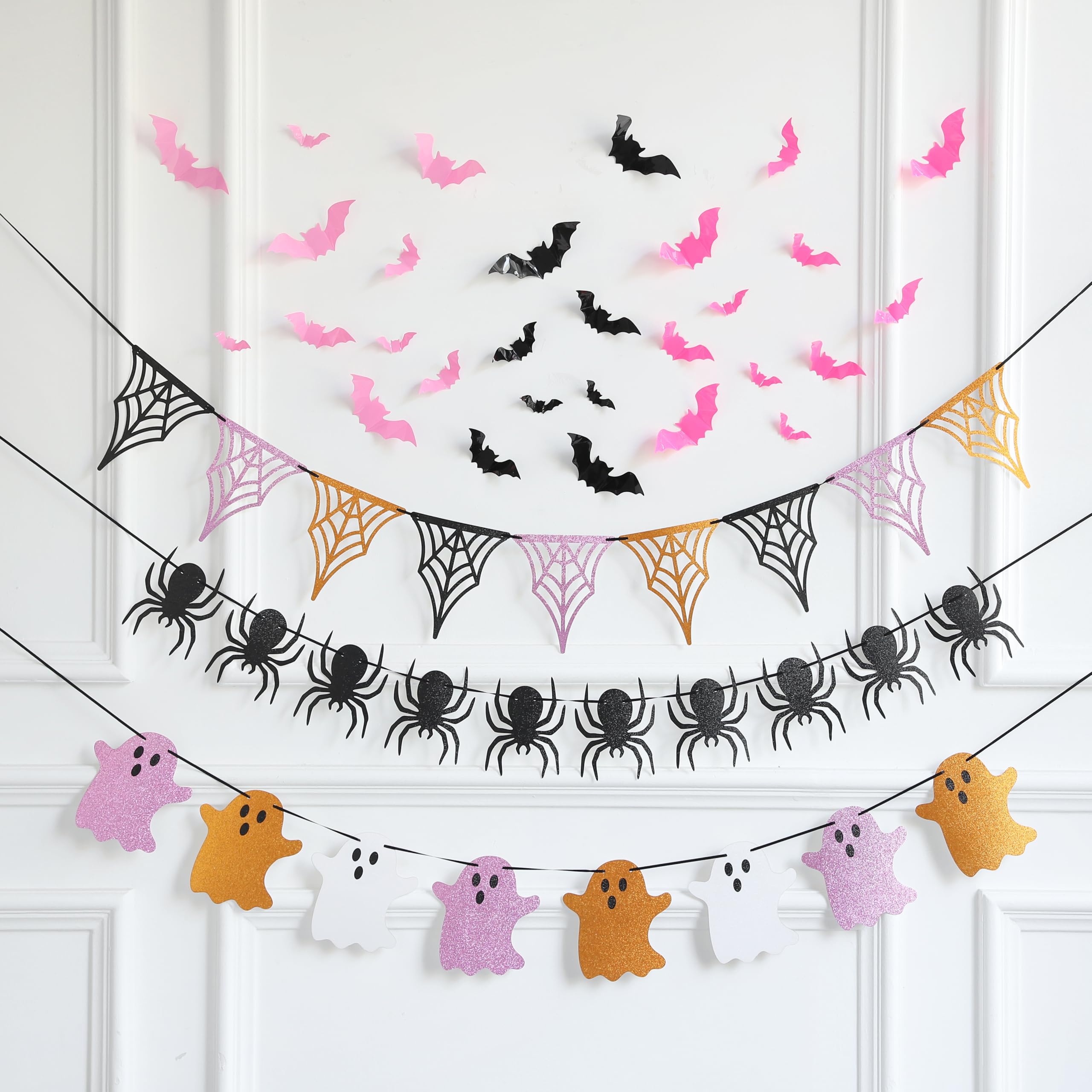 Enanal Halloween Decoration, 51pcs Glittery Ghost Spider and Web Banners with Black Blush 3D Bats Wall Stickers for Happy Halloween Party Supplies Little Boo Cute Halloween Party Decoration