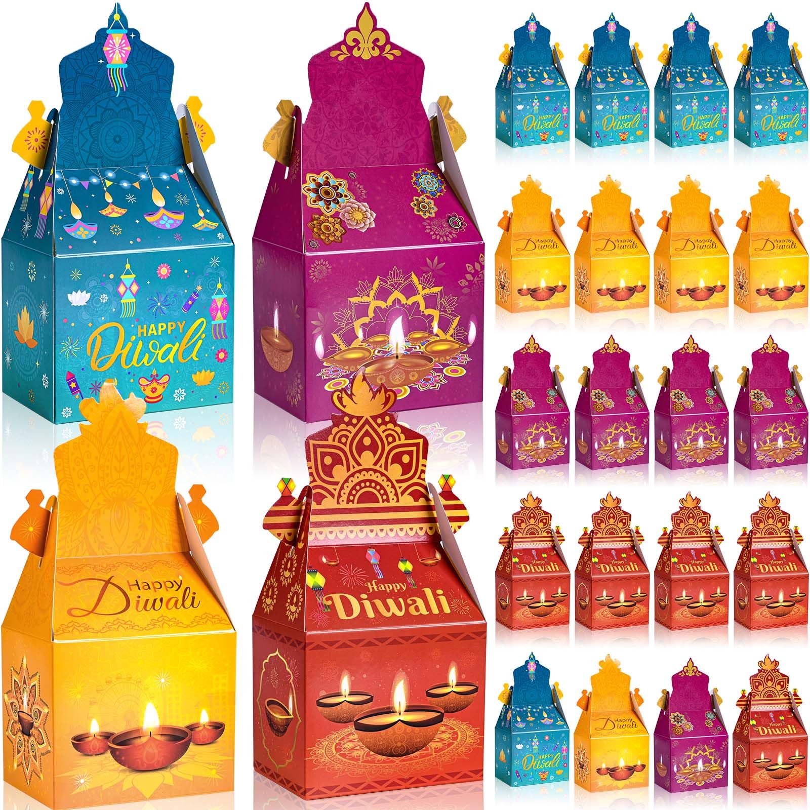 24Pack Happy Diwali Party Favor Boxes Rangoli Lantern Diya Pattern Treat Boxes Diwali Party GoodieGable Boxes for Indian Festival of Lights Party Decorations