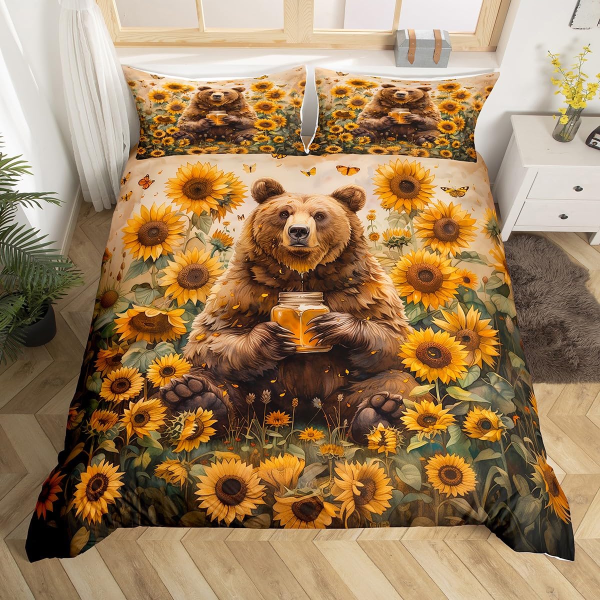 Feelyou Bear Bedding Set for Girls Boys Kids King Size Sunflower Comforter Cover Set Room Decorative Butterfly Duvet Cover Brown Bedspread Cover Bedclothes,No Comforter