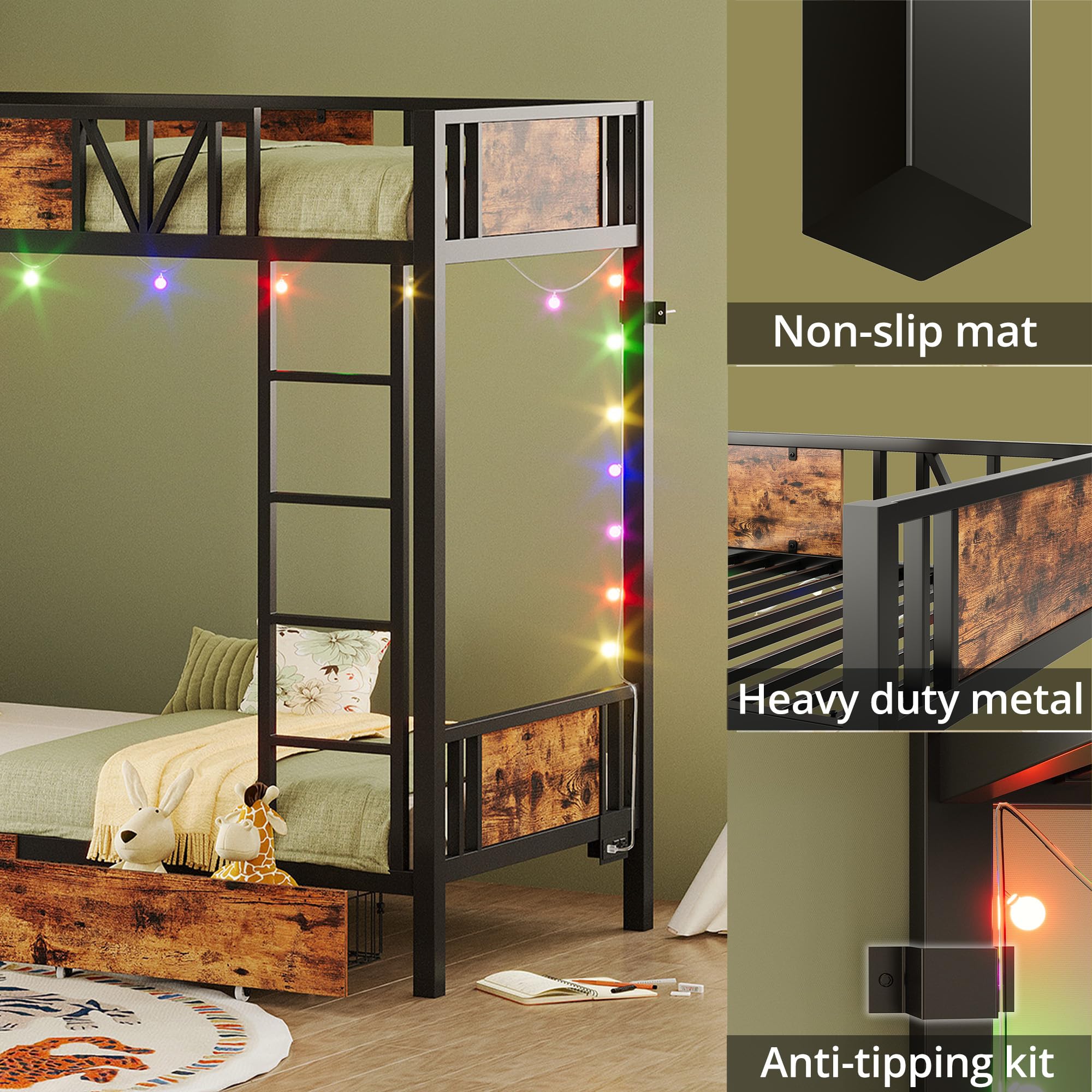 ANCTOR Bunk Bed with Power Outlet and Drawers, Metal Twin Bed Frames with Ladder and LED Lighted, Space-Saving, Noise Free